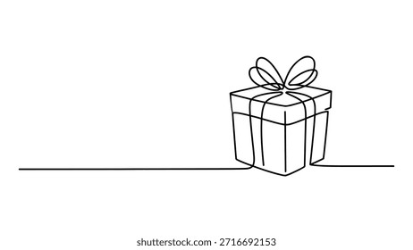 Caja de regalo de arte de línea mínima con lazo de cinta en divisor Horizontal aislado en fondo blanco para vacaciones, cumpleaños y diseño de embalaje