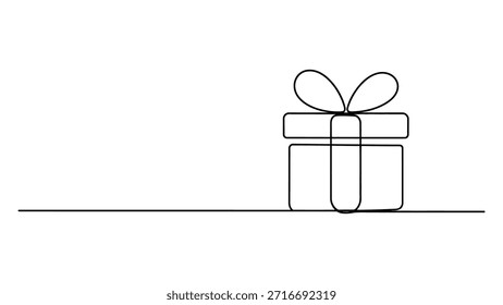 Minimal line art gift box with ribbon bow on horizontal divider isolated on white background for holiday, birthday and packaging design