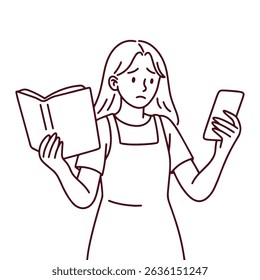 Mínima arte de linha de menina segurando livro aberto e smartphone nas mãos. Conceito de multitarefa, distração da juventude e estilo de vida tecnológico em estilo monocromático