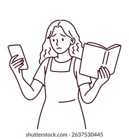 Minimal line art of girl holding book and phone, versus, distracted by screen. Represents multitasking, technology influence, and youth study habits