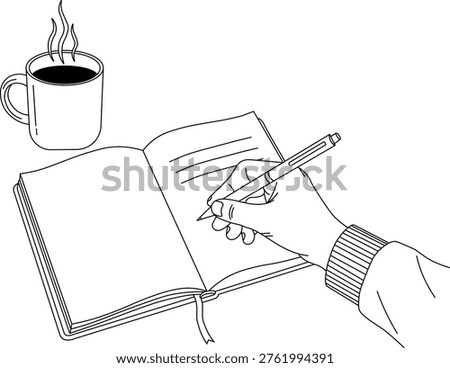 Minimal Line Art of Hand Writing in Notebook with Coffee Cup – Creative Workspace Illustration