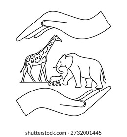 Minimal line art of human hands protecting wild animals, symbolic conservation illustration, clean lines, World Wildlife Day poster style.