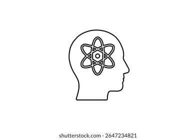 Mínima arte linear de uma cabeça humana com um símbolo atômico dentro, representando inteligência, pensamento científico, inovação e educação. Ideal para uso científico, tecnológico e educacional.