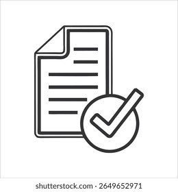 Minimal line art icon of an approved document with a check mark. Ideal for use in apps, websites, business forms, and verification-related UI and UX designs.