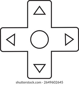 A minimal line art icon of a classic video game D-pad controller. The cross-shaped directional pad features up, down, left, and right arrows with a central circular button. Clean black outline 