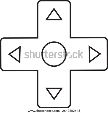 A minimal line art icon of a classic video game D-pad controller. The cross-shaped directional pad features up, down, left, and right arrows with a central circular button. Clean black outline 