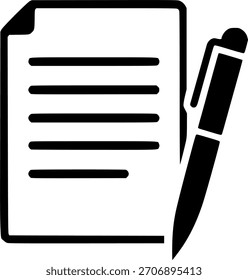 Minimales Linienkunstsymbol eines Dokuments mit Stift, das das Schreiben, Bearbeiten, Notizen, Büroarbeiten und die Dokumentation symbolisiert. Sauberer Umrissvektor geeignet für Unternehmen, Bildung, Formen
