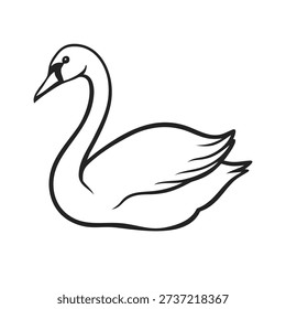 Minimal line art icon of a elegant swan vector illustration in clean outline style. Full-body lake bird side view, isolated on white background. Clean monochrome contour drawing.