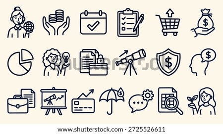 Minimal line art icon pack displays finance and business symbols on beige canvas, suitable for ui, presentations, and branding, clean.