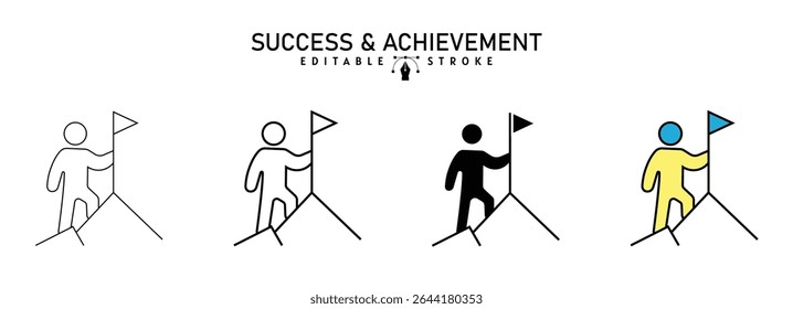 Minimal Line Art Icon of a Person Reaching Mountain Summit with Flag Concept of Success and Achievement, in filled, outline, line and stroke style used for web,
