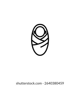 A minimal line art icon of a swaddled baby, symbolizing newborns, comfort, and infancy. Isolated on a white background.
