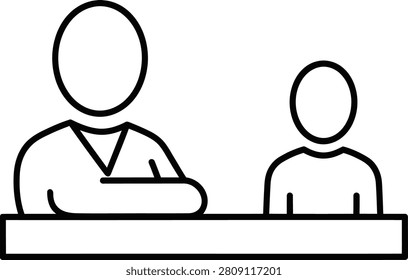 Minimal line art icon of a teacher or mentor sitting at a desk with a student, representing education, coaching, guidance, or one-on-one academic instruction in a classroom setting.