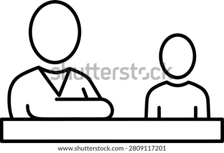 Minimal line art icon of a teacher or mentor sitting at a desk with a student, representing education, coaching, guidance, or one-on-one academic instruction in a classroom setting.