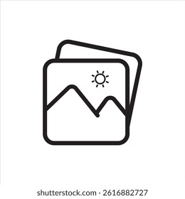 Minimal line art icon of two stacked photo images, with mountains and a sun in the top image, symbolizing photography or landscape scenes.