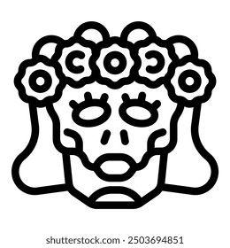 Minimal line art icon of a woman wearing a flower crown with the word coco on it for the day of the dead