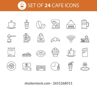 Minimal line art icons for cafes and coffee shops. 24 editable stroke vector icons including cups, beans, croissant, and barista tools.