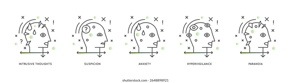 Ícones de arte de linha mínimos representando estados de saúde mental: pensamentos intrusivos, suspeita, ansiedade, hipervigilância e paranoia. Ideal para efeitos visuais de psicologia, terapia ou percepção emocional