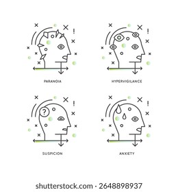 Ícones de arte de linha mínimos representando estados de saúde mental: pensamentos intrusivos, suspeita, ansiedade, hipervigilância e paranoia. Ideal para efeitos visuais de psicologia, terapia ou percepção emocional