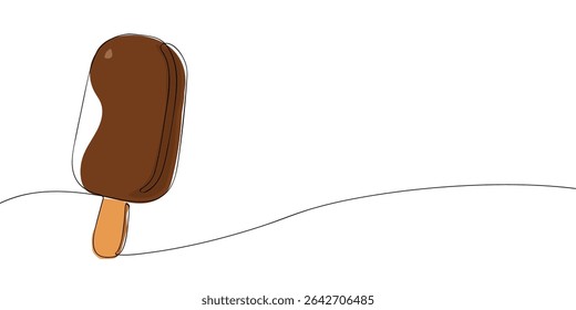 Minimal line art illustration of a chocolate covered ice cream bar on a wooden stick, ideal for dessert or summer themes.
