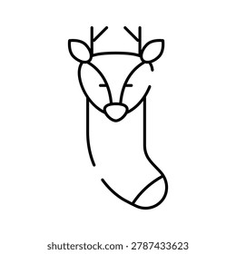Minimal line art illustration creating a festive reindeer and holiday stocking fusion, perfect for christmas celebrations, winter themes, and seasonal decorations