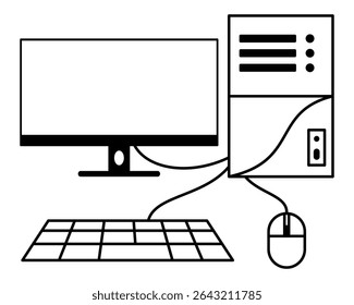Minimal line art illustration of a desktop computer setup with monitor, keyboard, mouse, and system unit. Perfect for tech, office, hardware, and electronics-related design projects.