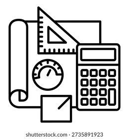 Minimal line art illustration of engineering and calculation tools including calculator, ruler, protractor, blueprint, and measurement gauge. Black and white outline vector representing engineering, mathematics, measurement, technical planning, construction design, and problem solving concept. Suitable for education content, engineering firms, architecture projects, technical presentations, and modern UI design.