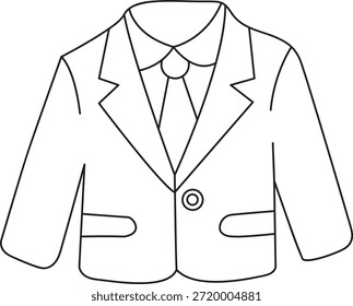 Ilustración de arte de línea mínima de una chaqueta de traje formal para hombre con camisa y corbata. Diseño de contorno negro limpio que representa la vestimenta de negocios, ropa de oficina, moda corporativa y código de vestimenta profesional. Ideal para iconos, conceptos de moda, servicios de sastrería, marcas de ropa, infografías, Sitios web, App móviles y diseño de interfaz de usuario. Aislado sobre fondo blanco con estilo de Vector simple y elegante.