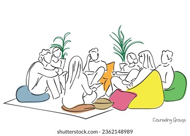 minimal line art illustration of a group of people in therapy