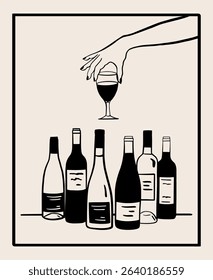 Minimal line art illustration of a hand picking up a wine glass above assorted wine bottles. Elegant monochrome vector design for bar, tasting, celebration, or drink-related themes