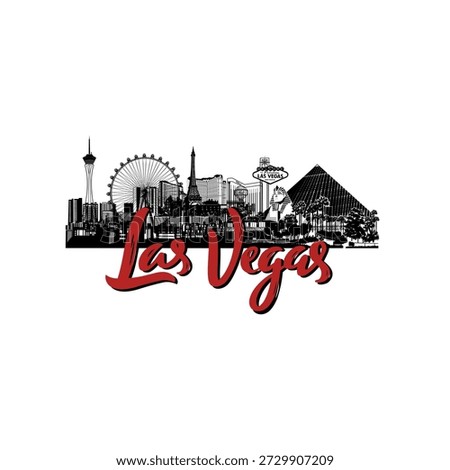 Minimal line art illustration of Las Vegas skyline with iconic landmarks including the Welcome sign, Stratosphere Tower, Luxor Pyramid, Eiffel Tower replica, and Bellagio Fountain in a clean modern style.
