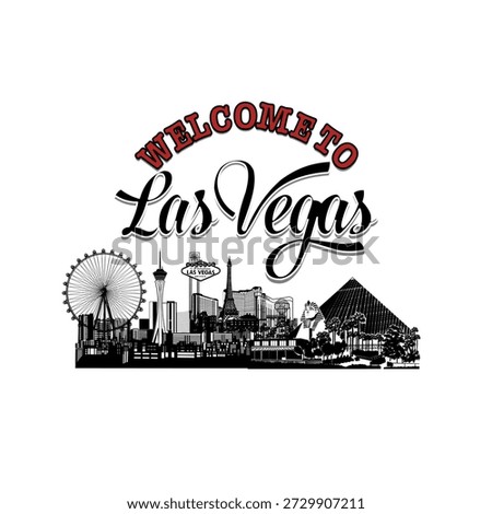 Minimal line art illustration of Las Vegas skyline with iconic landmarks including the Welcome sign, Stratosphere Tower, Luxor Pyramid, Eiffel Tower replica, and Bellagio Fountain in a clean modern style.

