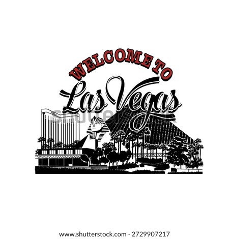 Minimal line art illustration of Las Vegas skyline with iconic landmarks including the Welcome sign, Stratosphere Tower, Luxor Pyramid, Eiffel Tower replica, and Bellagio Fountain in a clean modern style.
