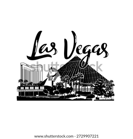 Minimal line art illustration of Las Vegas skyline with iconic landmarks including the Welcome sign, Stratosphere Tower, Luxor Pyramid, Eiffel Tower replica, and Bellagio Fountain in a clean modern style.

