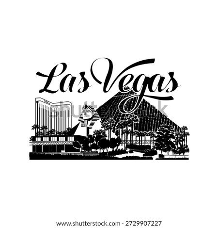 Minimal line art illustration of Las Vegas skyline with iconic landmarks including the Welcome sign, Stratosphere Tower, Luxor Pyramid, Eiffel Tower replica, and Bellagio Fountain in a clean modern style.
