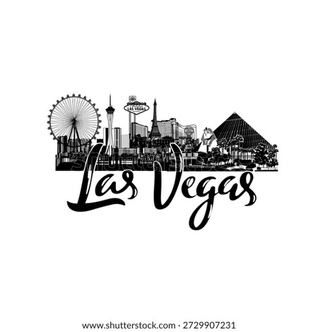 Minimal line art illustration of Las Vegas skyline with iconic landmarks including the Welcome sign, Stratosphere Tower, Luxor Pyramid, Eiffel Tower replica, and Bellagio Fountain in a clean modern style.
