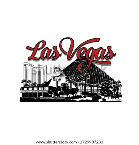 Minimal line art illustration of Las Vegas skyline with iconic landmarks including the Welcome sign, Stratosphere Tower, Luxor Pyramid, Eiffel Tower replica, and Bellagio Fountain in a clean modern style.
