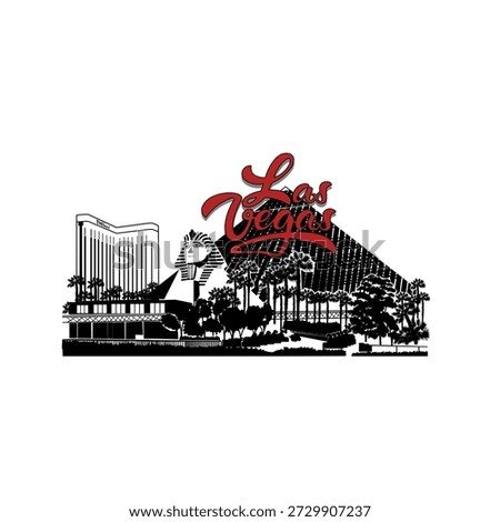 Minimal line art illustration of Las Vegas skyline with iconic landmarks including the Welcome sign, Stratosphere Tower, Luxor Pyramid, Eiffel Tower replica, and Bellagio Fountain in a clean modern style.
