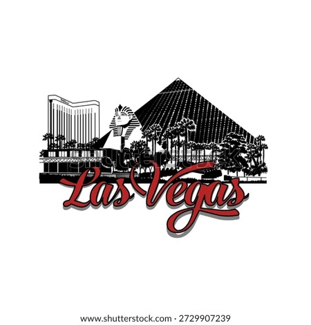 Minimal line art illustration of Las Vegas skyline with iconic landmarks including the Welcome sign, Stratosphere Tower, Luxor Pyramid, Eiffel Tower replica, and Bellagio Fountain in a clean modern style.
