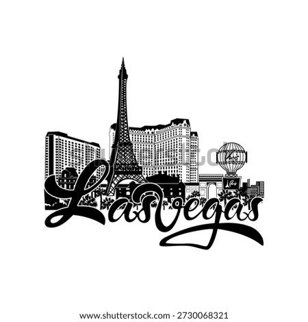 Minimal line art illustration of Las Vegas skyline with iconic landmarks including the Welcome sign, Stratosphere Tower, Luxor Pyramid, Eiffel Tower replica, and Bellagio Fountain in a clean modern style.
