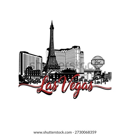 Minimal line art illustration of Las Vegas skyline with iconic landmarks including the Welcome sign, Stratosphere Tower, Luxor Pyramid, Eiffel Tower replica, and Bellagio Fountain in a clean modern style.
