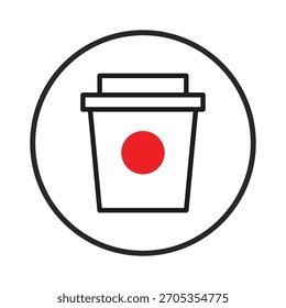 A minimal line art image shows a disposable coffee cup with a lid, featuring a prominent red dot. Encased within a perfect circle, the design is simple yet effective. This makes it versatile for