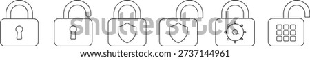 Minimal line art lock and unlock icon set featuring security, privacy, protection, password access, data safety and cybersecurity concepts for UI, UX and web design.
