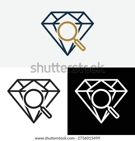 Minimal line art logo of a diamond with a magnifying glass, symbolizing gemstone inspection, jewelry appraisal, authenticity verification, quality control, and precious stone evaluation. Suitable for jewelry brands, gemology services, luxury apps, search tools, and quality assurance concepts. Isolated vector-style icon on light and dark backgrounds.