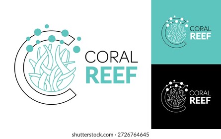 Logotipo de arte lineal minimalista con un arrecife de coral dentro de una forma circular. Los contornos limpios y la tipografía moderna crean un diseño elegante y versátil adecuado para proyectos ambientales, marcas sostenibles, organizaciones marinas, centros de buceo, bienestar, cosméticos y productos ecológicos. Ideal tanto para el uso impreso como digital de marca.