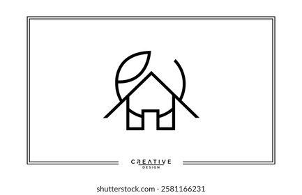A minimal line art logo icon of a house , home or real estate with a leaf circle