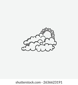Minimal Line Art Logo of Sun and Clouds, Sun Rising Behind Clouds Sketch Logo