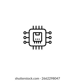 A minimal line art microprocessor chip symbolizing computing power and electronic components.