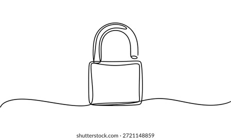 Minimal line art open padlock abstract continuous one line illustration symbol of security privacy protection access and data safety concept isolated on white background