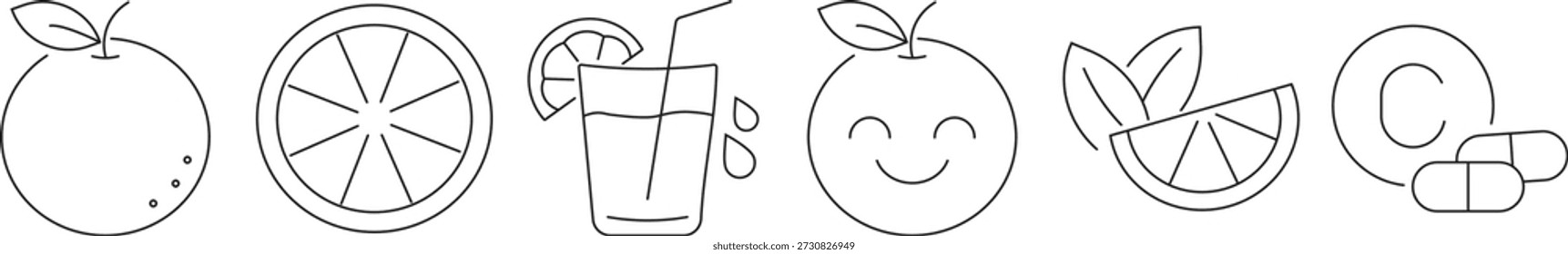 Minimal line art orange icon set featuring whole fruit, slices, juice glass, smiley citrus and vitamin concept. Ideal for health, nutrition, wellness, UI, UX, web and app design.