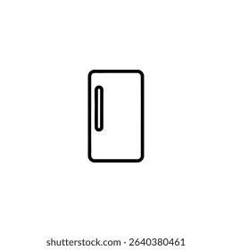 A minimal line art outline of a single-door refrigerator, symbolizing kitchen appliances, food storage, and cooling. Isolated on a white background.